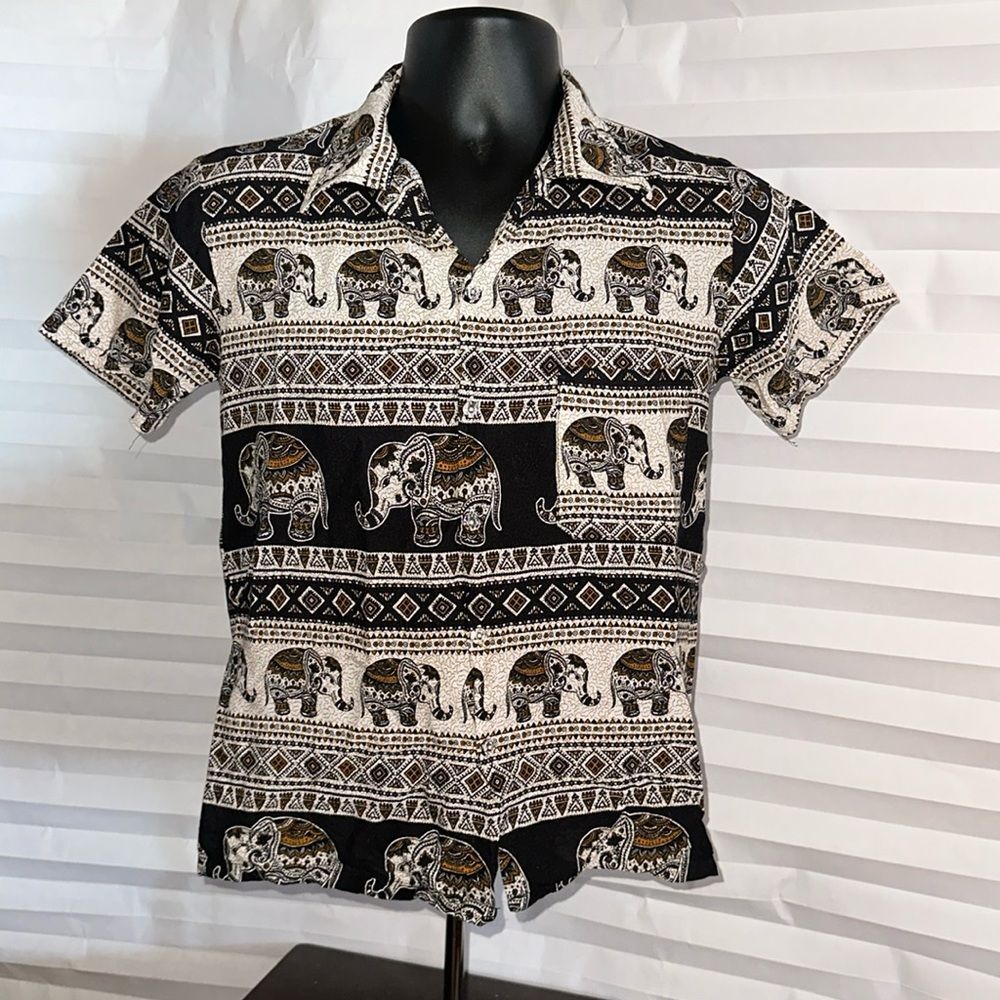 Harem Pants Men's Casual Button Down Shirt Elephant Theme Size Small
